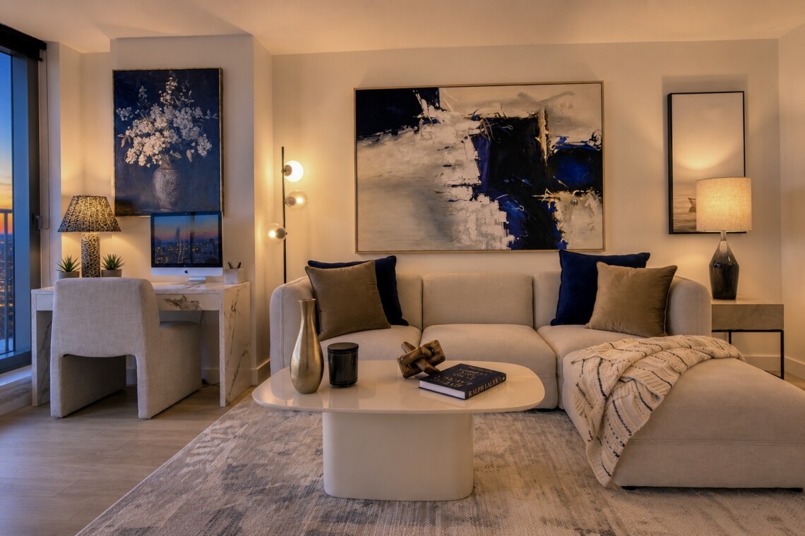 Cozy modern living room with a beige sectional, blue and brown pillows, and a cream throw on a plush rug, centered around a white oval coffee table with decorative items.