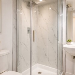 Modern bathroom with a glass-enclosed shower, marble walls, a white toilet, and a pedestal sink with a small plant on the tank area.