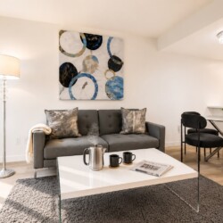 Bright, modern living room with gray sofa, abstract art, and glass coffee table in front of a large window