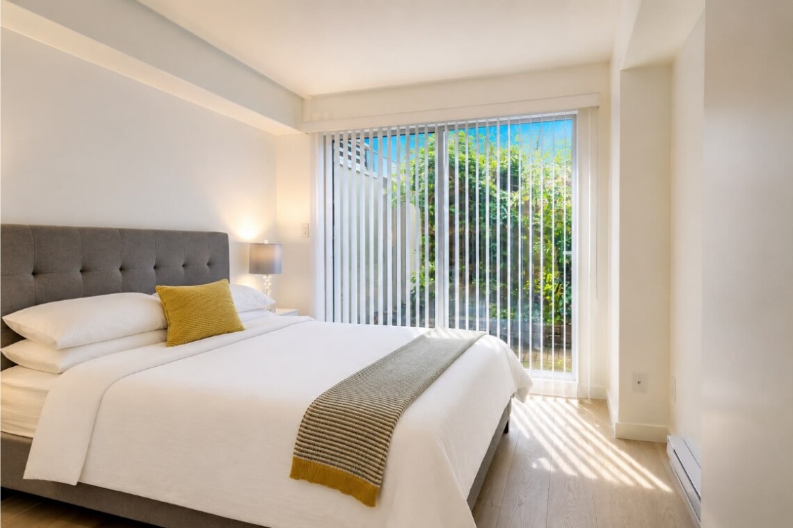 Bright modern bedroom with a white-velvet bed, gray tufted headboard, yellow throw pillow, and striped gray throw; large glass doors with vertical blinds open to a garden.