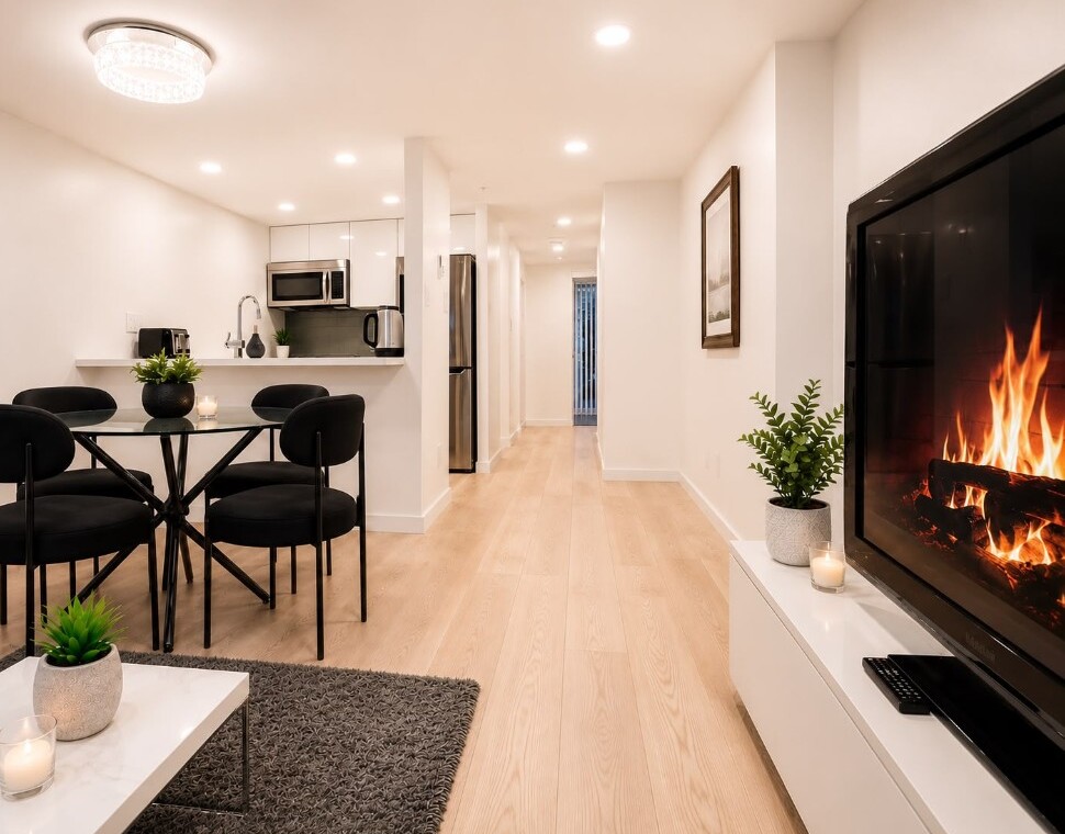 Open-concept living space with a lit fireplace on the right, glass dining table, black chairs, and a modern kitchenette in the background.