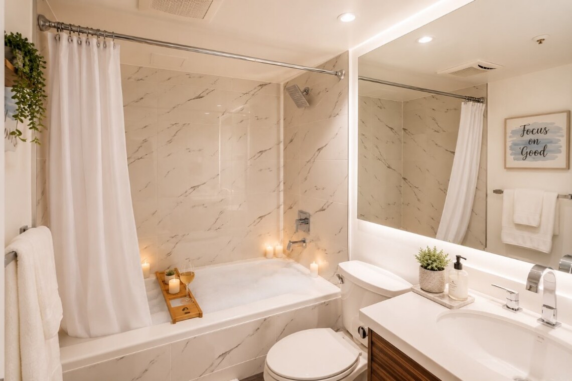 Modern bathroom with marble-tiled bath area, white shower curtain, and wood bath tray holding candles and small plant.