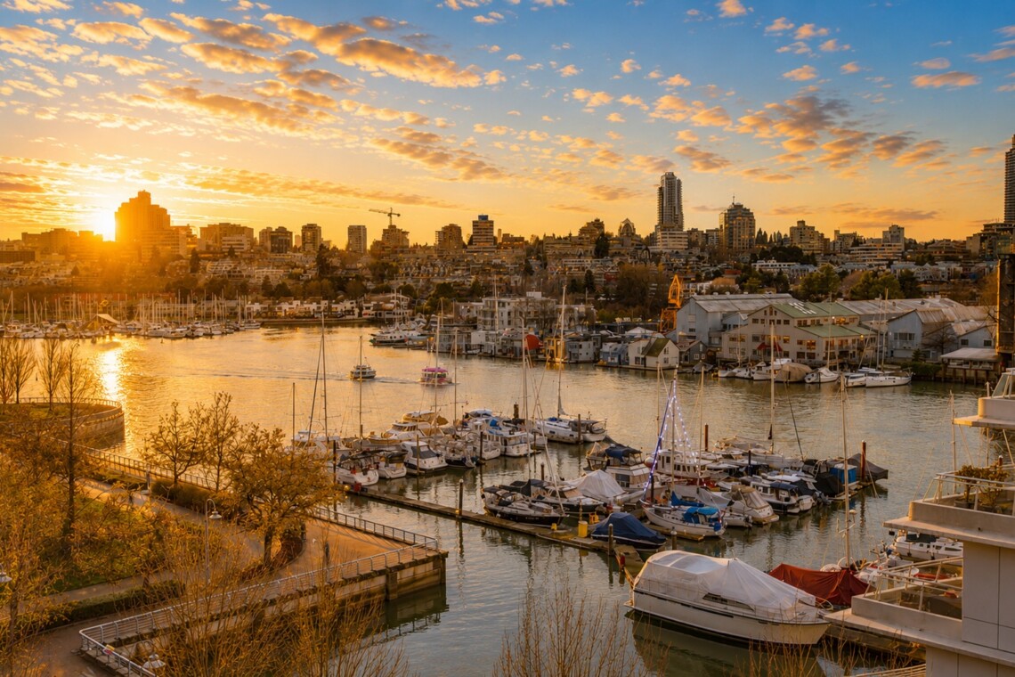 Sunset over a marina with boats and a city skyline, warm orange glow reflecting on the water.