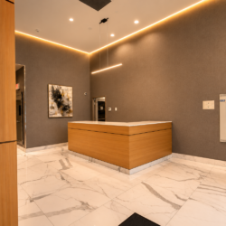 Modern hotel reception area with a wood-fronted desk, white marble floor, gray textured walls, and warm LED trim lighting.