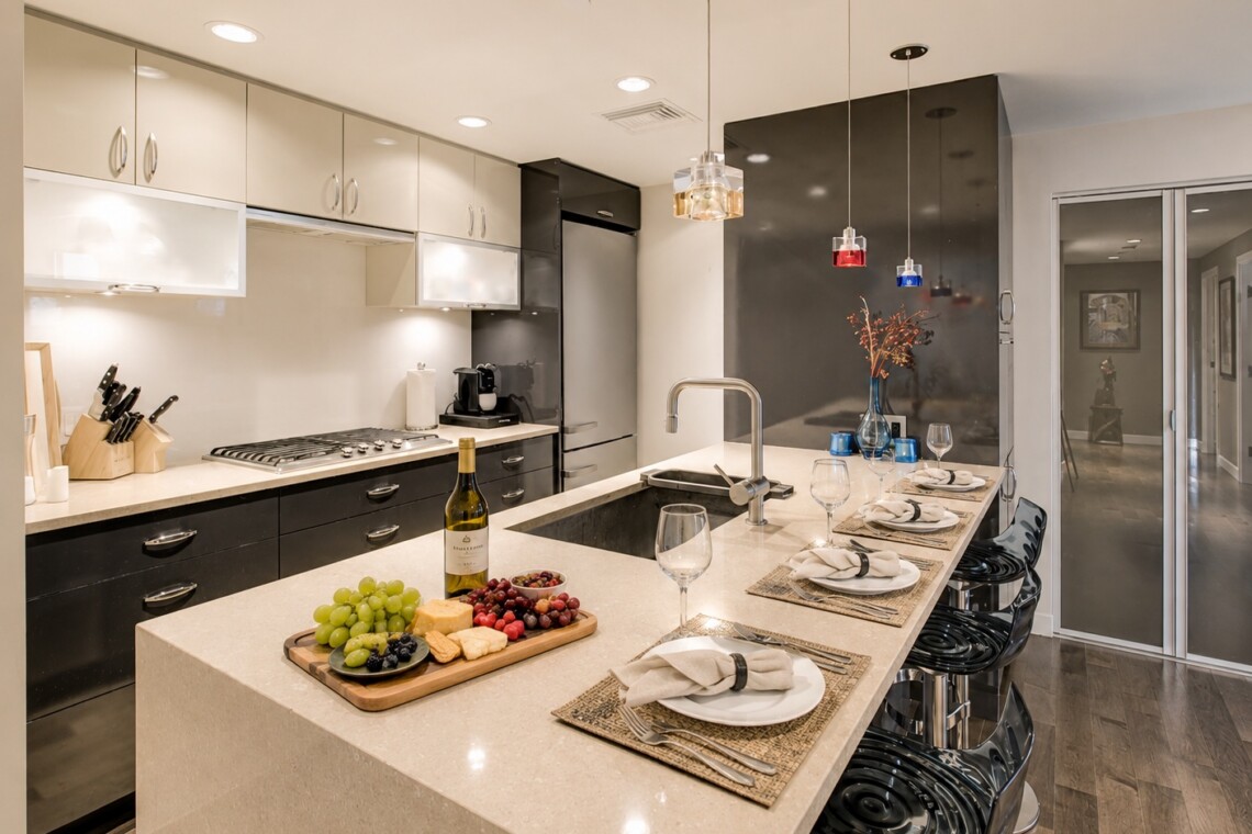 Modern kitchen with a long island, fruit board, wine bottle, and four place settings ready for dining at a breakfast bar.