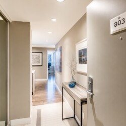 Entry hallway of a modern apartment with a console table, blue vase, and wall art leading to a lit interior room (803 door placard)