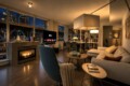 Cozy modern living room at night with a fireplace, large windows showing the city skyline, and a white sectional sofa.