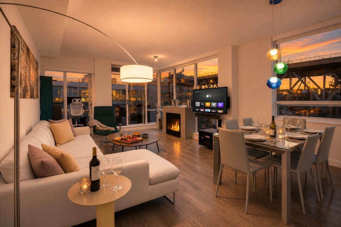 Open-plan living and dining area at sunset: white sofa with pastel cushions, round coffee table with snacks and wine, fireplace, TV, and a glass dining table set for six near large windows.