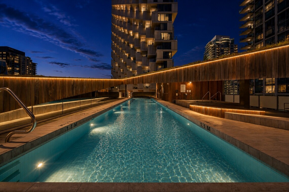 Nighttime rooftop pool with warm wooden walls and city skyscrapers in the background