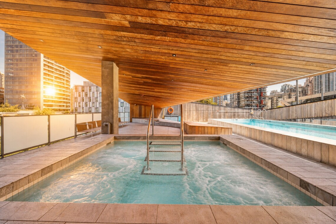 Rooftop pool under a warm wooden canopy, with a metal ladder and city high-rises in the background at sunset.