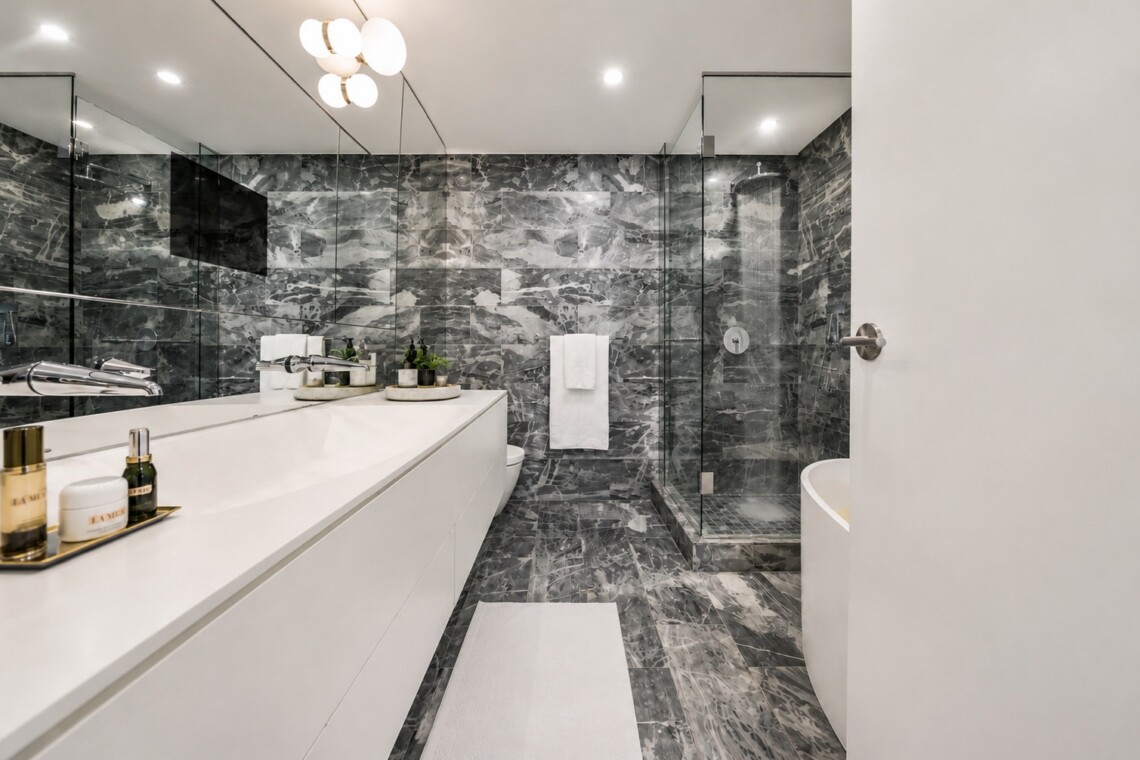 Modern bathroom with marble walls and floor, white vanity, glass-enclosed shower, and a freestanding tub partially visible on the right.