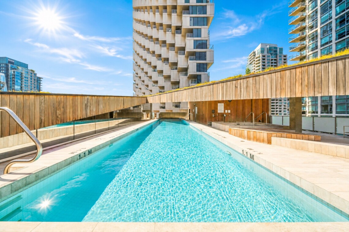 Rooftop swimming pool in a city setting, surrounded by wooden panels and high-rise buildings under a bright blue sky.