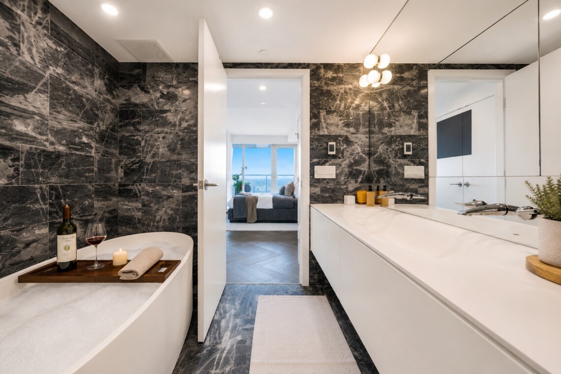 Modern bathroom with black marble walls, white vanity, and a bathtub; a wooden tray holds wine, a candle, and a rolled towel.