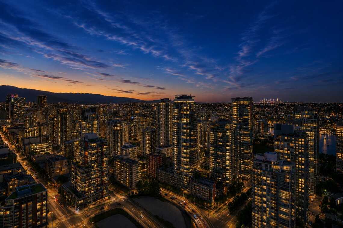 Downtown city skyline at dusk with illuminated high-rise buildings and a orange-hued horizon.