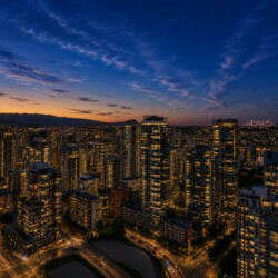 Downtown city skyline at dusk with illuminated high-rise buildings and a orange-hued horizon.