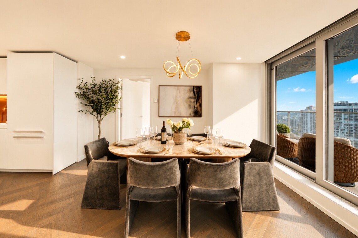 Round marble dining table set for eight with grey upholstered chairs in a bright modern dining room; chandelier overhead and city views through floor-to-ceiling windows.