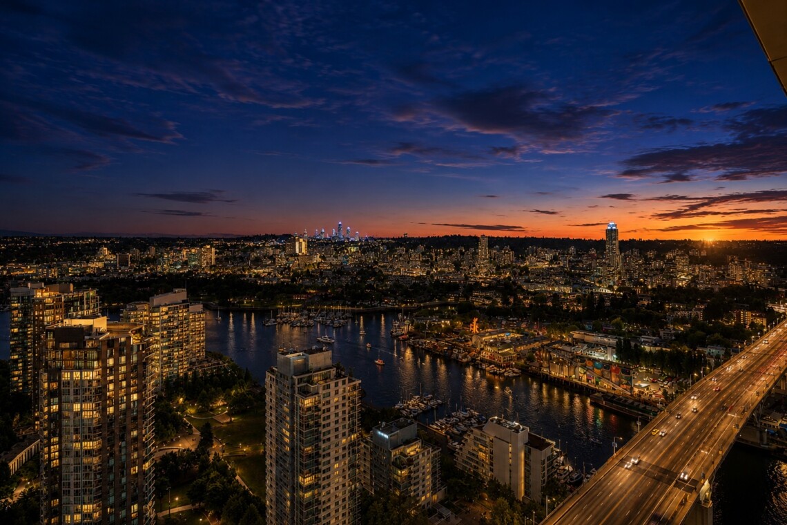 Aerial view of a city at dusk: river with boats, marina, high-rise buildings, and a lit bridge on the right edge.