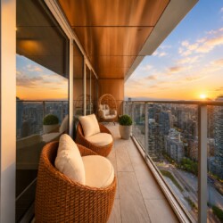 Sunset view from a high-rise balcony with wicker chairs and beige cushions overlooking a city skyline.