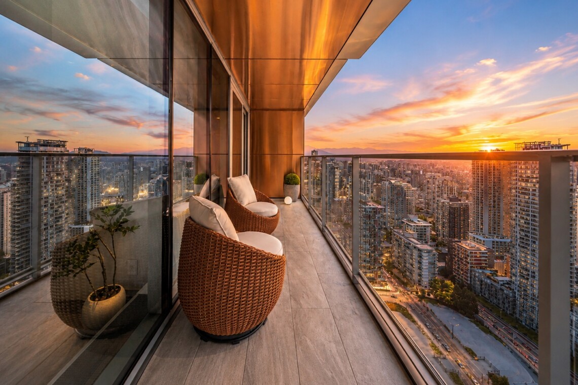 Balcony with wicker chairs overlooking a city skyline at sunset.