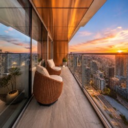 Balcony with wicker chairs overlooking a city skyline at sunset.