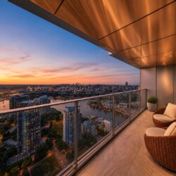 Balcony view at sunset: modern terrace with wicker chairs overlooking a city and river below.