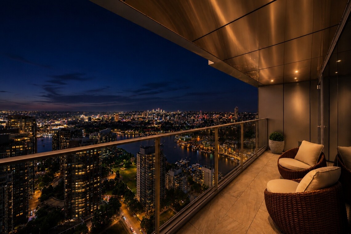 Nighttime city skyline viewed from a high balcony with wicker chairs and a glass railing.