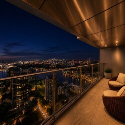Nighttime city skyline viewed from a high balcony with wicker chairs and a glass railing.
