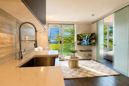Open-concept living area with a sleek kitchen sink in the foreground, a fluffy rug, and a wall-mounted TV showing a waterfall near the balcony windows.