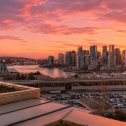Sunset over a city skyline with tall buildings by a marina, boats in the harbor, and a highway overpass in the foreground.