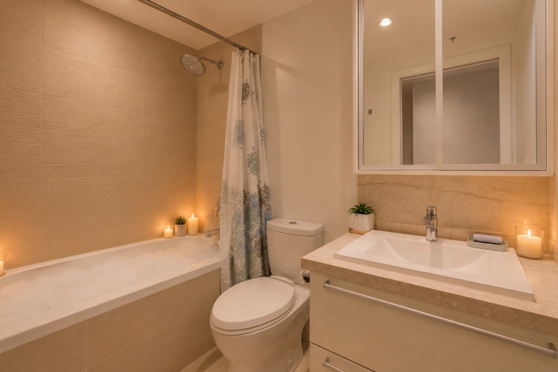 Modern beige-tiled bathroom with a bathtub on the left, a shower curtain, and candles along the edge for ambient lighting.
