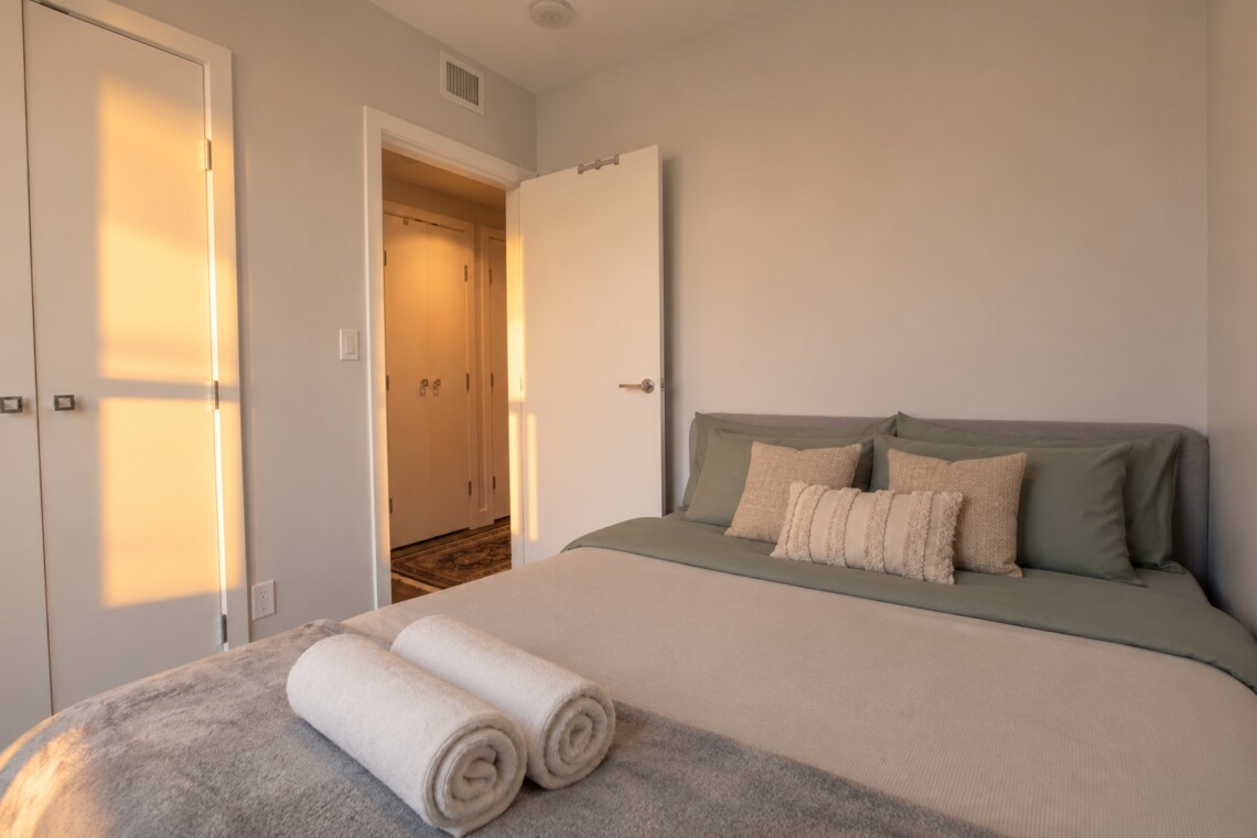 Sunlit bedroom with a neatly made bed, green-gray pillows, and two rolled towels at the foot, warm light streaming from a hallway door.