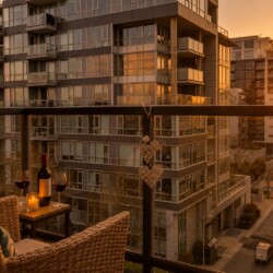 Evening balcony scene with a wine bottle, two glasses, and a lit candle on a small table, flanked by wicker chairs and heart ornaments on the railing.