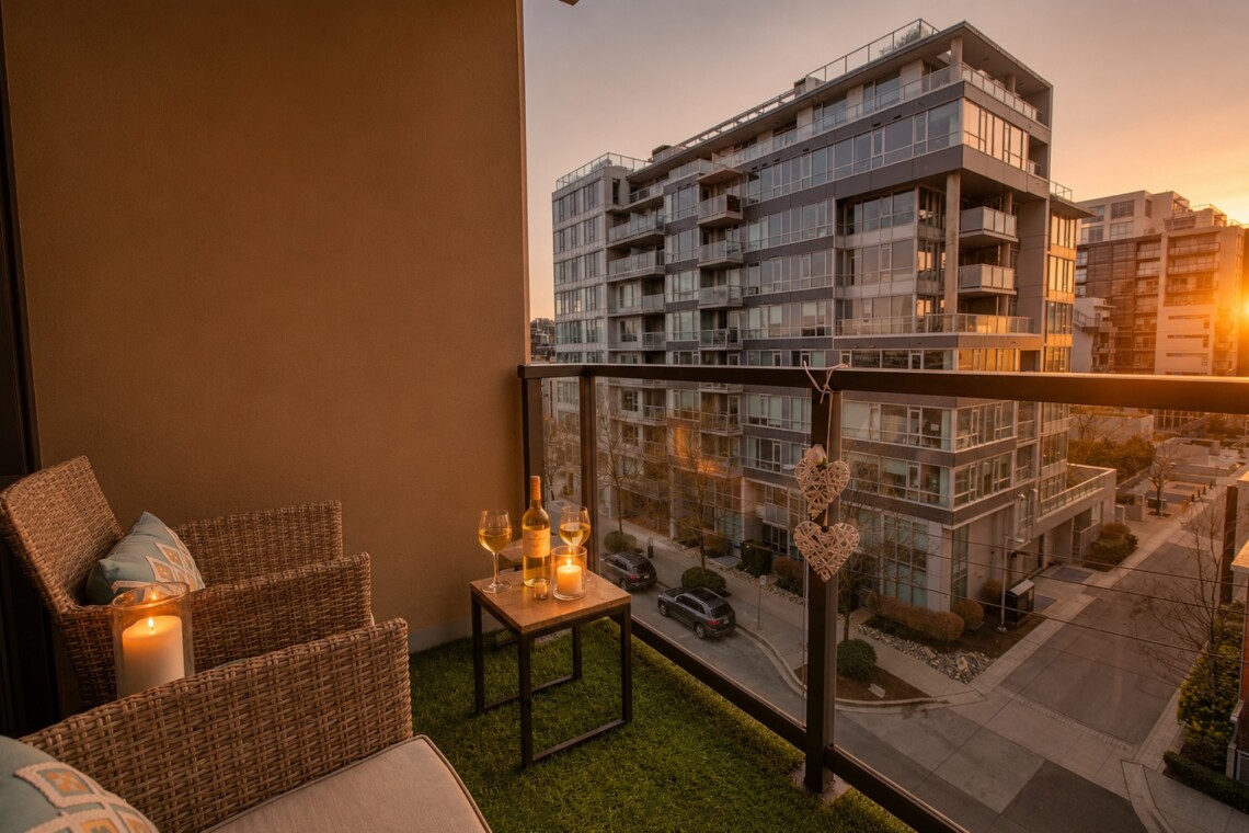 Cozy balcony seating with candles and wine on a small table, overlooking modern apartment buildings at sunset.