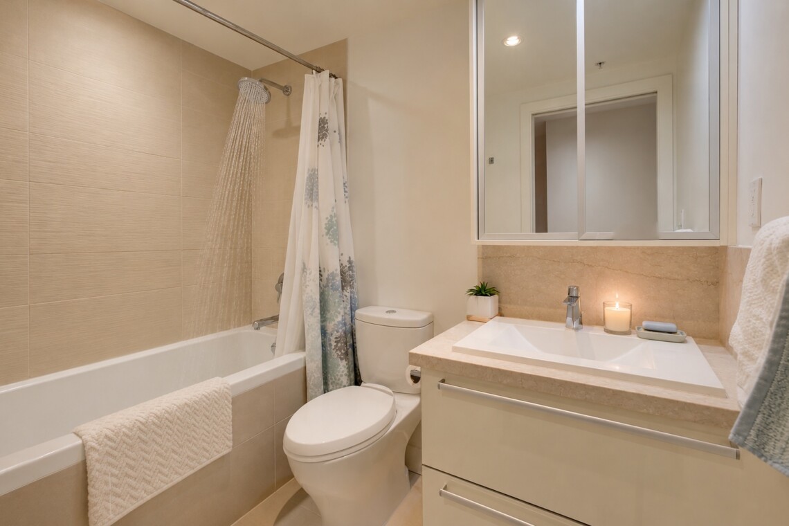 Modern bathroom with a tub, rainfall showerhead, and patterned shower curtain beside a white toilet and beige tiled walls.