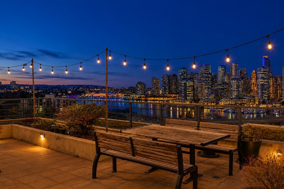 Rooftop patio at dusk with string lights and wooden table and bench, overlooking a city skyline across the water.