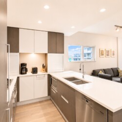 Open-concept kitchen with white and gray cabinets, an island sink, and stainless appliances adjoining a living room with a gray sofa and framed art.