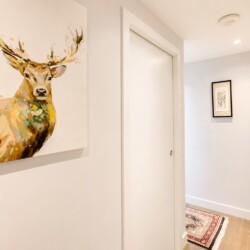 White hallway with a large colorful deer painting on the left wall, a white door in the center, and a small framed print on the far wall; a leaning mirror to the right and a patterned rug on the wooden floor.