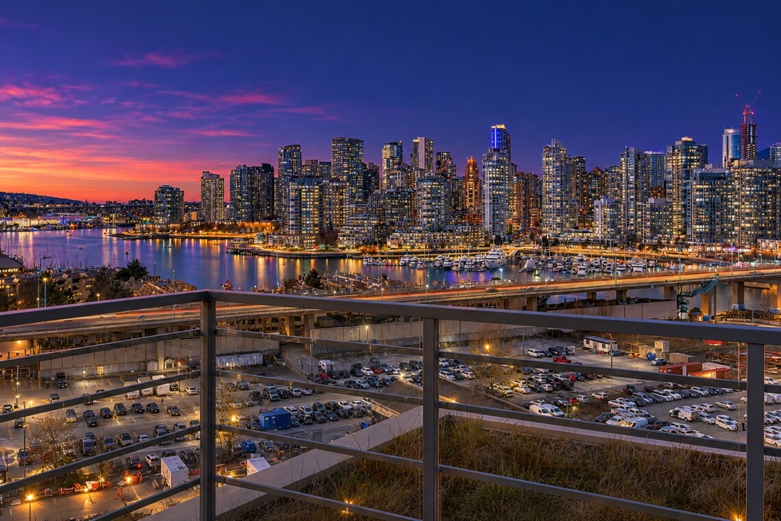 Dusk city skyline over a marina with illuminated high-rise buildings and reflections on the water, seen from a balcony railing in the foreground.
