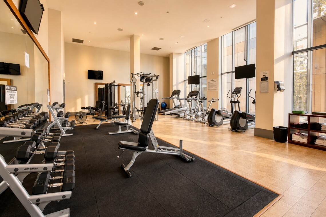 Well-lit gym with free weights, benches, treadmills, and bikes along large windows at the back of the room.