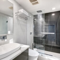 Modern bathroom with glass shower enclosure, white vessel sink, and chrome fixtures against light gray walls and a large mirror.
