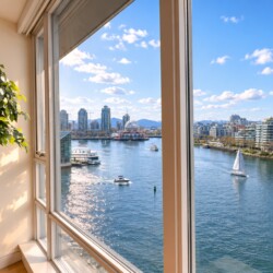 Sunlit room with a large potted plant beside tall windows overlooking a harbor and city skyline at the riverfront.