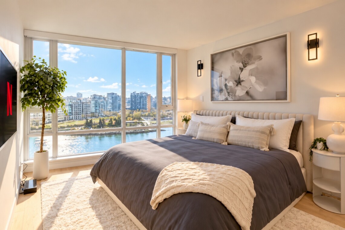 Bright, modern bedroom with a large window overlooking river and city skyline; king bed in dark gray with white and beige pillows and a cream throw.
