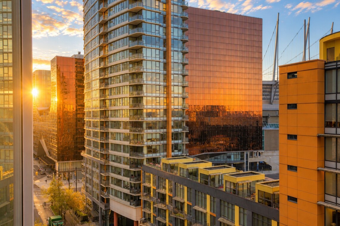 Sunset light reflecting off glass apartment towers in a modern cityscape.