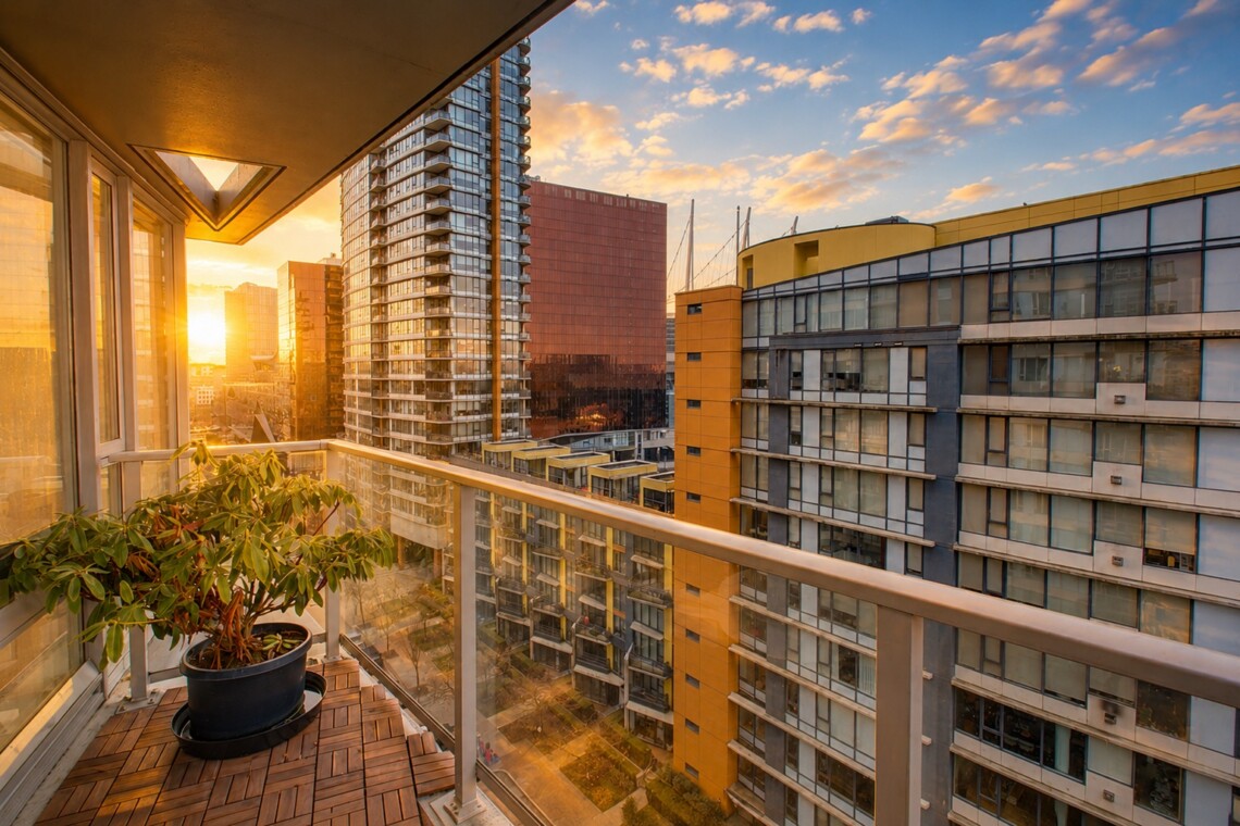 Sunlit cityscape from a balcony, with a potted plant and glass railing at sunset on a high-rise backdrop.