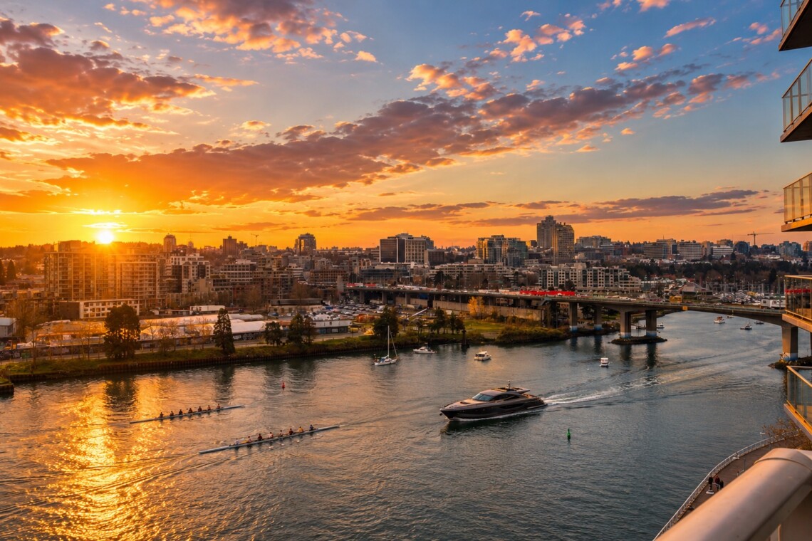 Sunset over a city skyline along a winding river with boats and a nearby bridge.