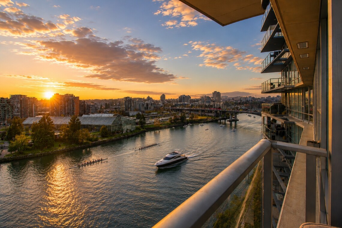 Sunset over a river cityscape viewed from a high balcony, with boats on the water and glass-fronted buildings on the right.