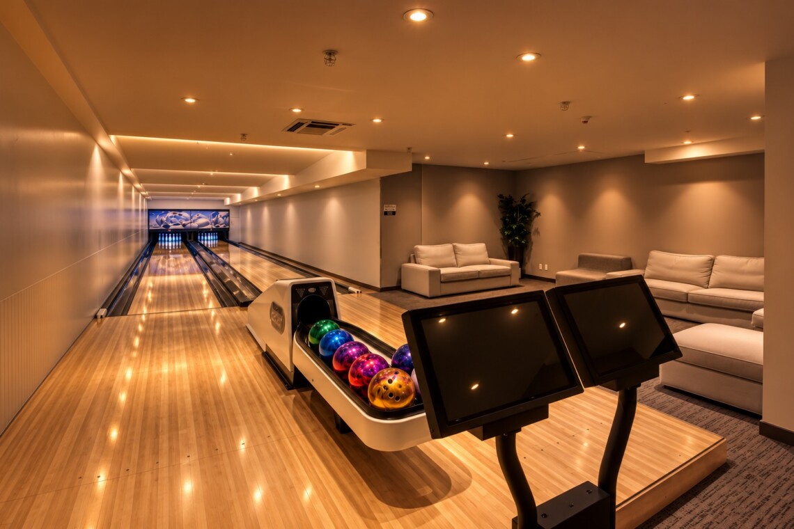 Indoor bowling alley with polished wooden lanes, a ball return displaying colorful bowling balls, and a seating area with white couches in the background.