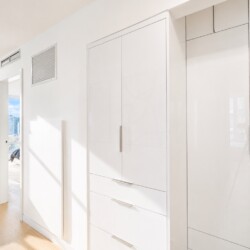 Bright modern interior with white built-in cabinets along a hallway; natural light from large windows and a plant in the corner.