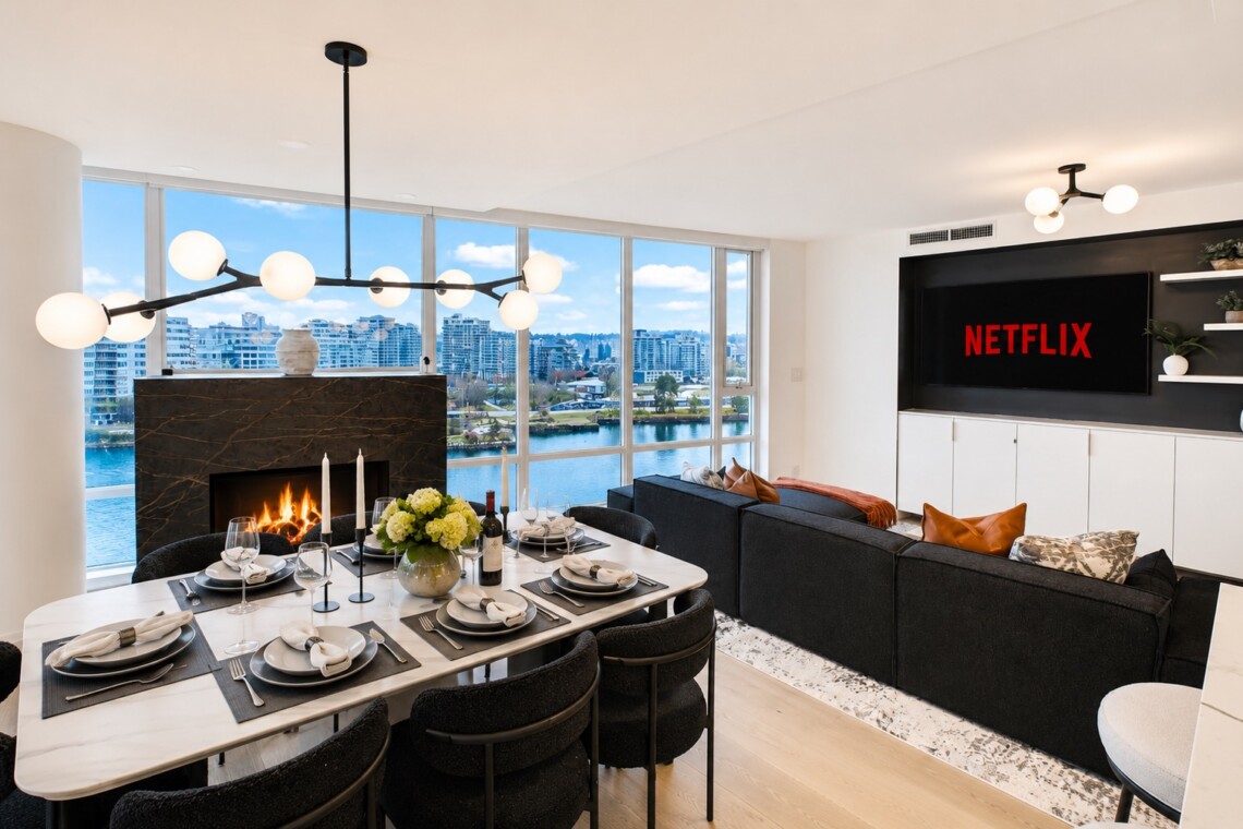 Open-plan living and dining area with a lit fireplace, marble dining table set for six, and floor-to-ceiling windows overlooking a river cityscape.
