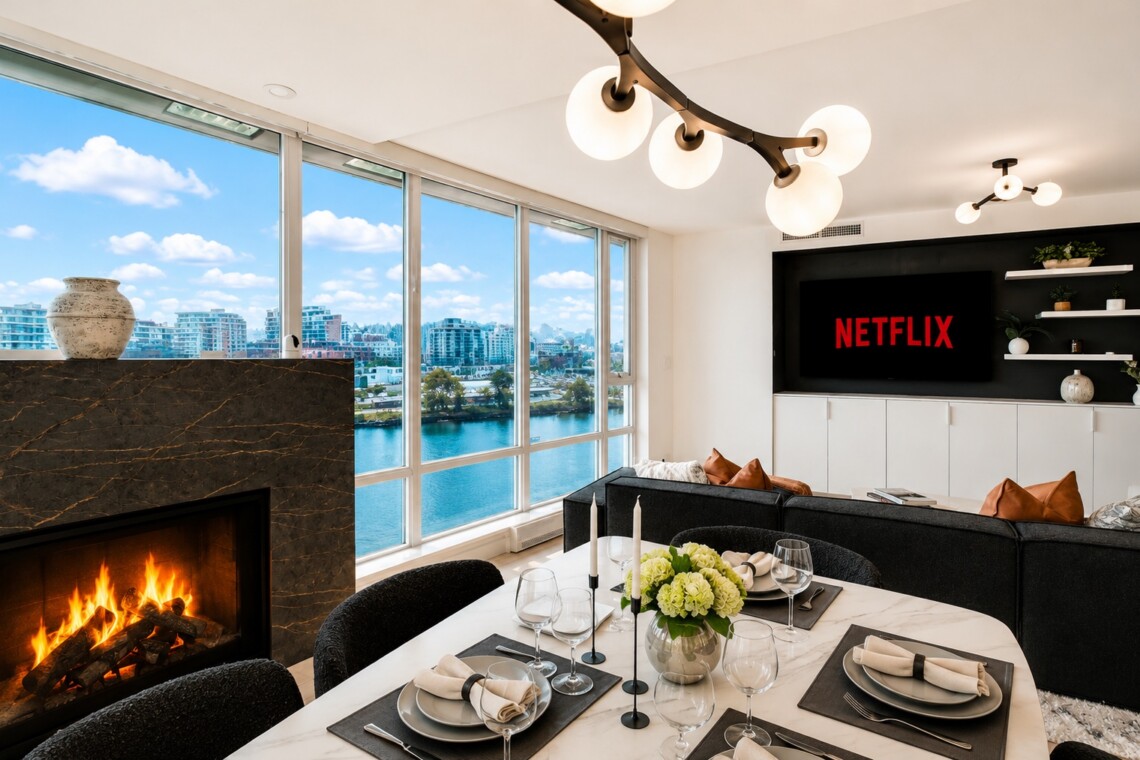 Bright, modern living and dining area with floor-to-ceiling windows overlooking a river and city skyline; marble table set for six with candles and flowers, and a Netflix screen on the wall.